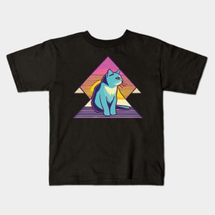 Vintage 80s Geometric Cat with Sunset Kids T-Shirt